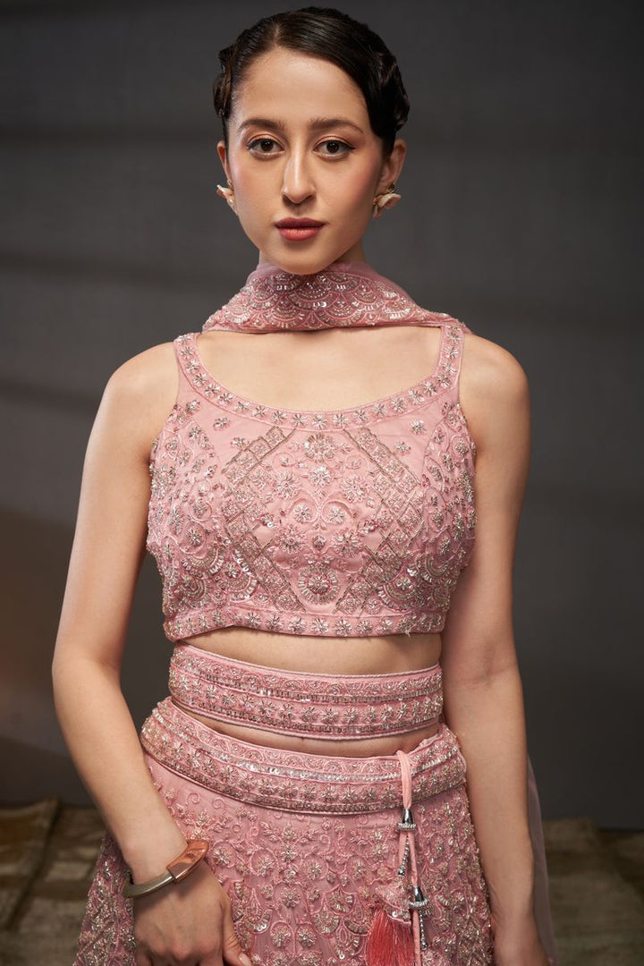 Pink Net Cutdana, Sequins and Zarkan embroidery Semi-Stitched Lehenga choli & Dupatta