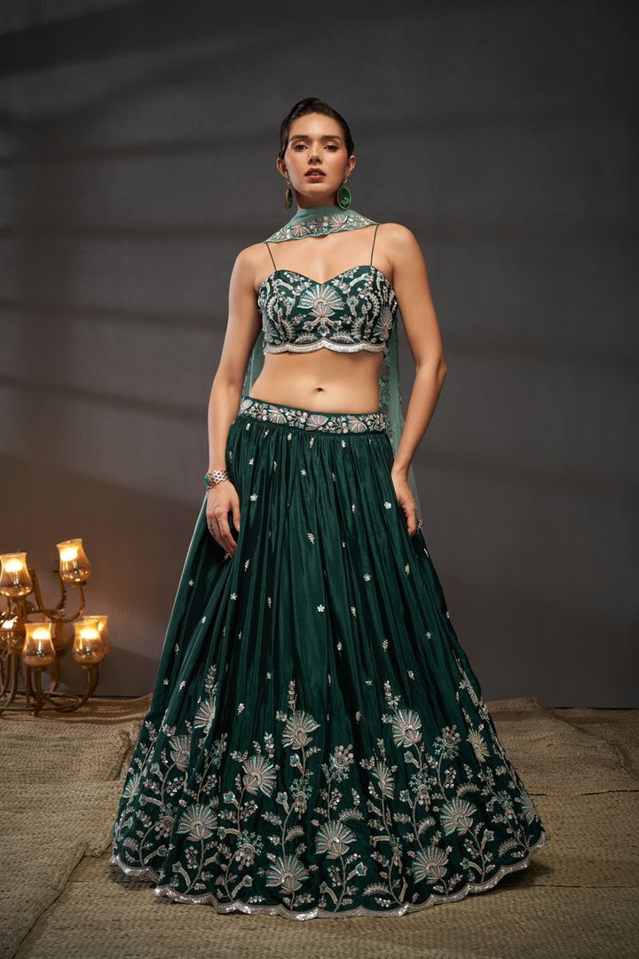 Beautiful green semi-stitched lehenga choli with silver-golden sequin, thread, and coding embroidery on pure chiffon fabric