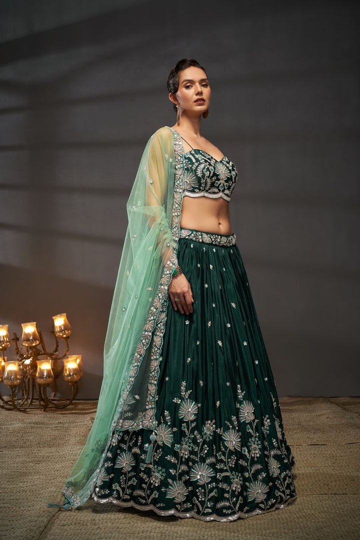 Green, silver, and golden sequin, thread, and coding embroidery Pure Chiffon semi-stitched lehenga choli