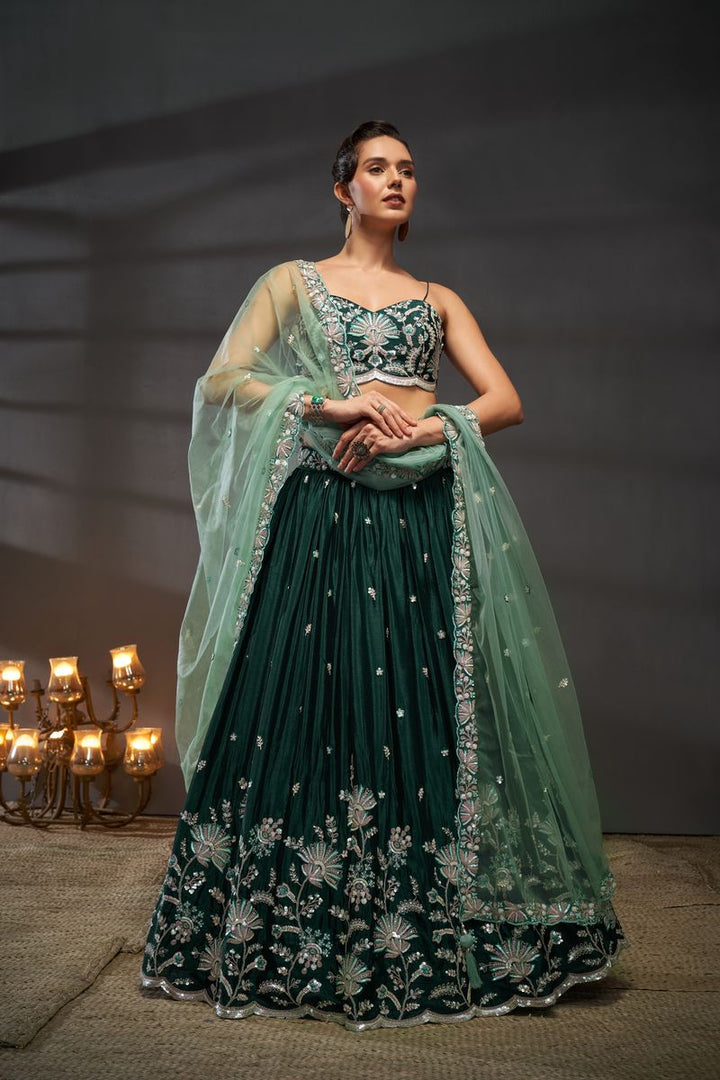 Green, silver and golden sequin, thread and coding embroidery pure chiffon semi-stitched lehenga choli with intricate detailing