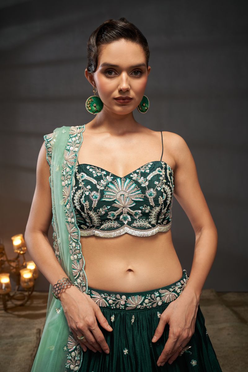 Beautiful Green, Silver and Golden Sequin, Thread and Coding Embroidered Pure Chiffon Semi-Stitched Lehenga Choli