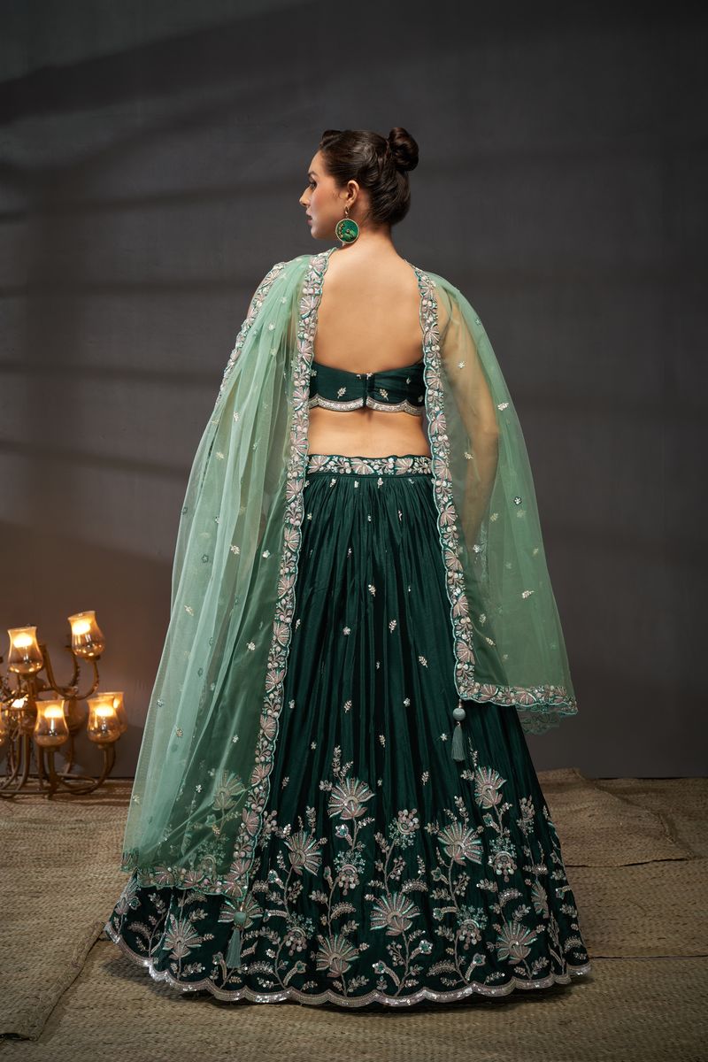 Green - Silver-Golden Sequin,Thread & Coding Embroiderey Pure Chiffon Semi-Stitched Lehenga Choli