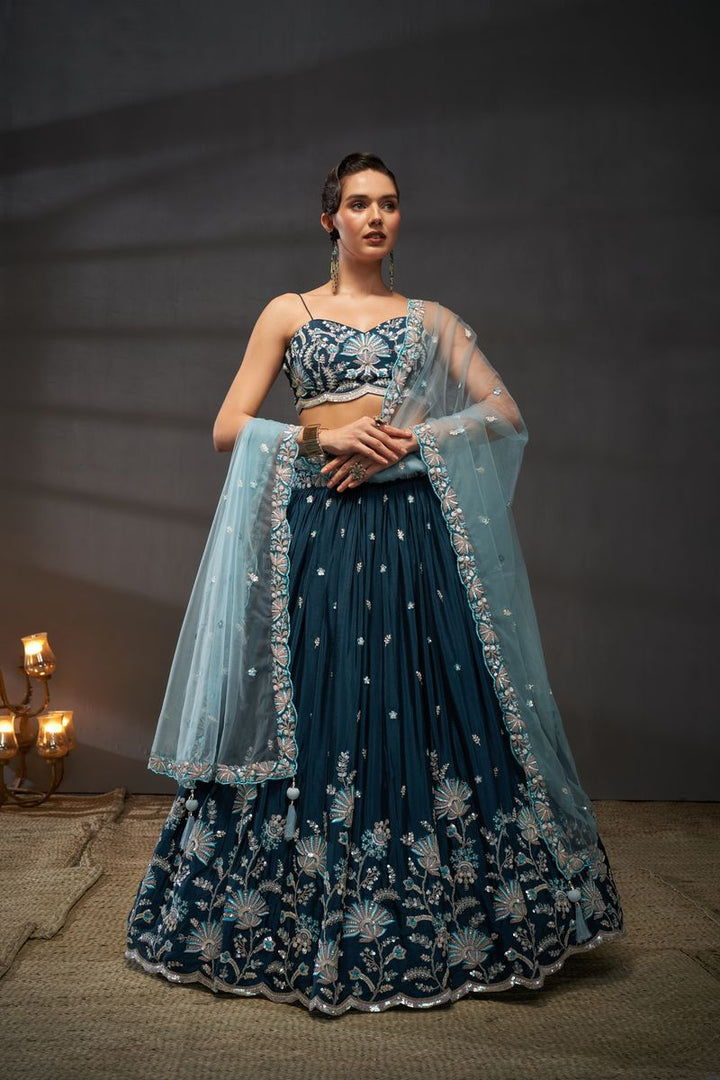 Teal - Silver-Golden Sequin,Thread & Coding Embroiderey Pure Chiffon Semi-Stitched Lehenga Choli