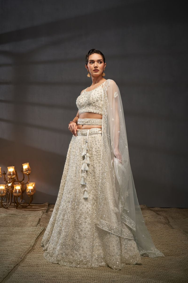 Cream Net Cutdana, Sequins and Zarkan embroidery Semi-Stitched Lehenga choli & Dupatta