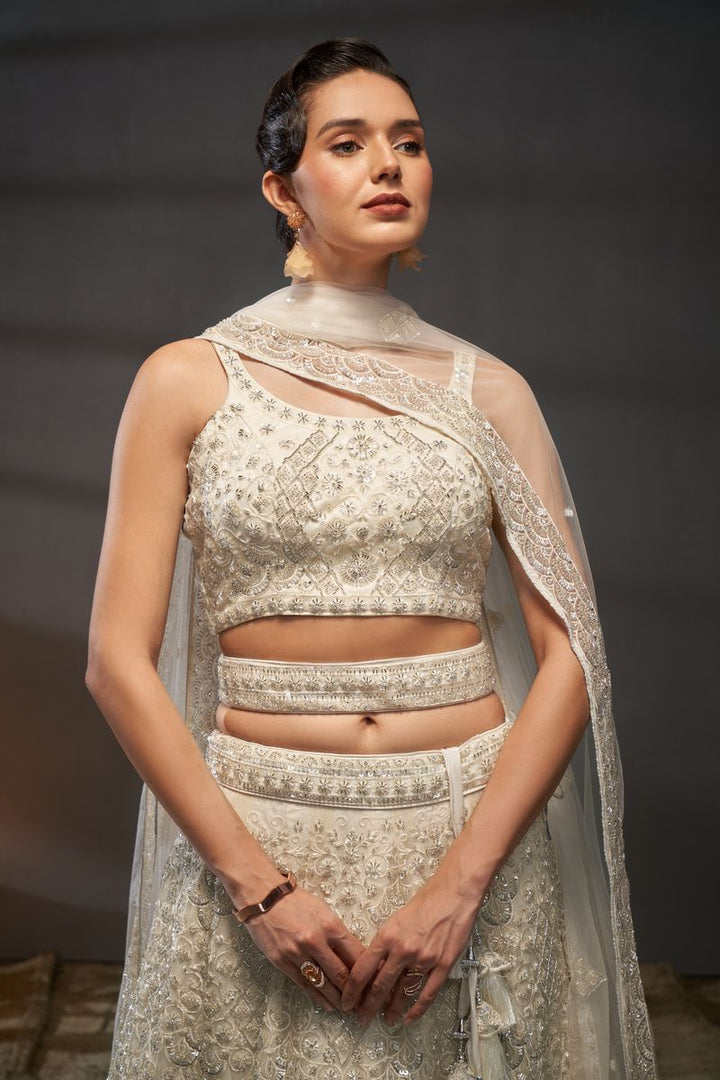 Cream Net Cutdana, Sequins and Zarkan embroidery Semi-Stitched Lehenga choli & Dupatta