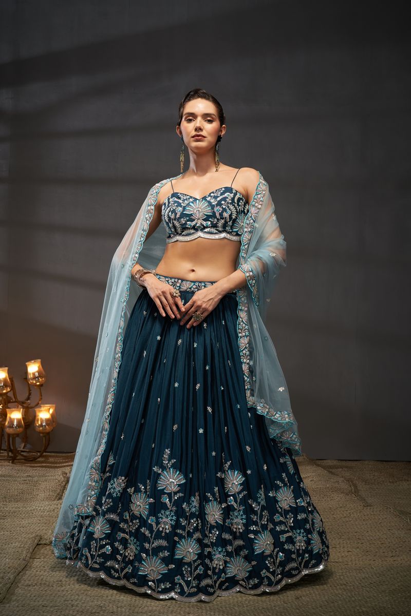 Elegant Teal-Silver-Golden Sequin Pure Chiffon Lehenga Choli