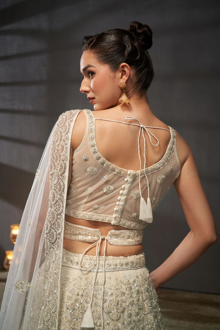 Cream Net Cutdana, Sequins and Zarkan embroidery Semi-Stitched Lehenga choli & Dupatta