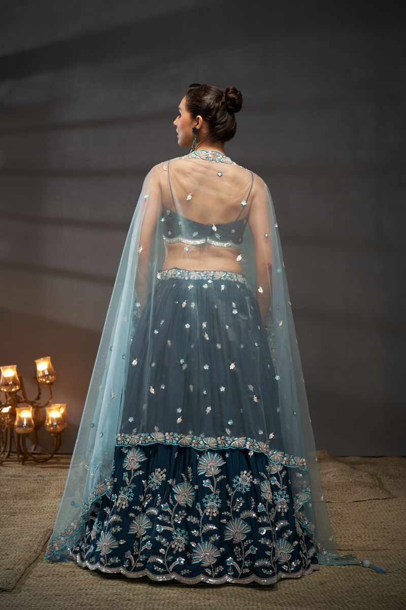 Teal - Silver-Golden Sequin,Thread & Coding Embroiderey Pure Chiffon Semi-Stitched Lehenga Choli