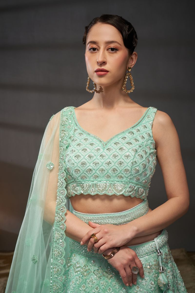 Turquoise blue Net Cutdana, Sequins and Zarkan embroidery Semi-Stitched Lehenga choli & Dupatta