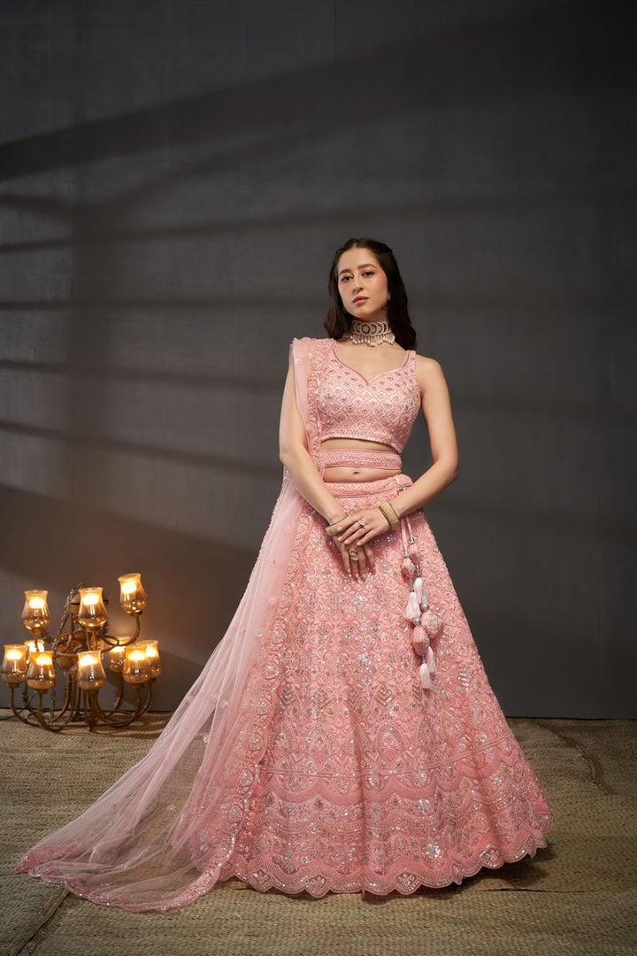 Pink Net Cutdana, Sequins and Zarkan embroidery Semi-Stitched Lehenga choli & Dupatta