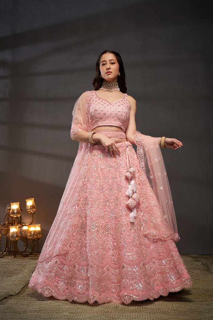 Pink Net Cutdana, Sequins and Zarkan embroidery Semi-Stitched Lehenga choli & Dupatta