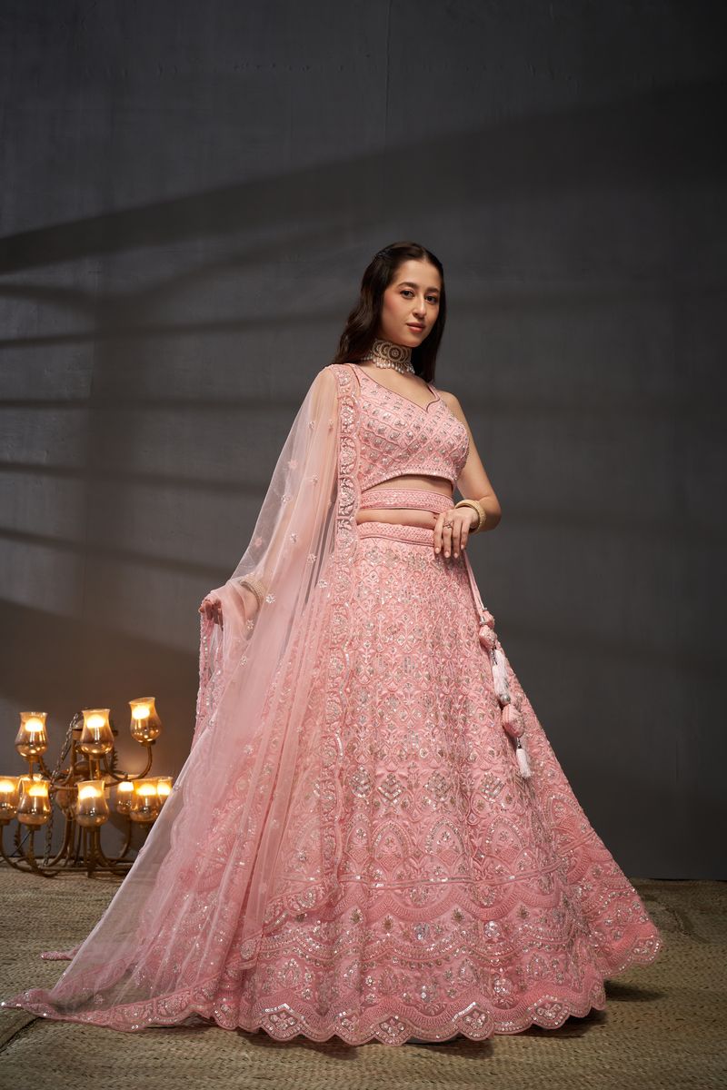 Pink Net Cutdana, Sequins and Zarkan embroidery Semi-Stitched Lehenga choli & Dupatta