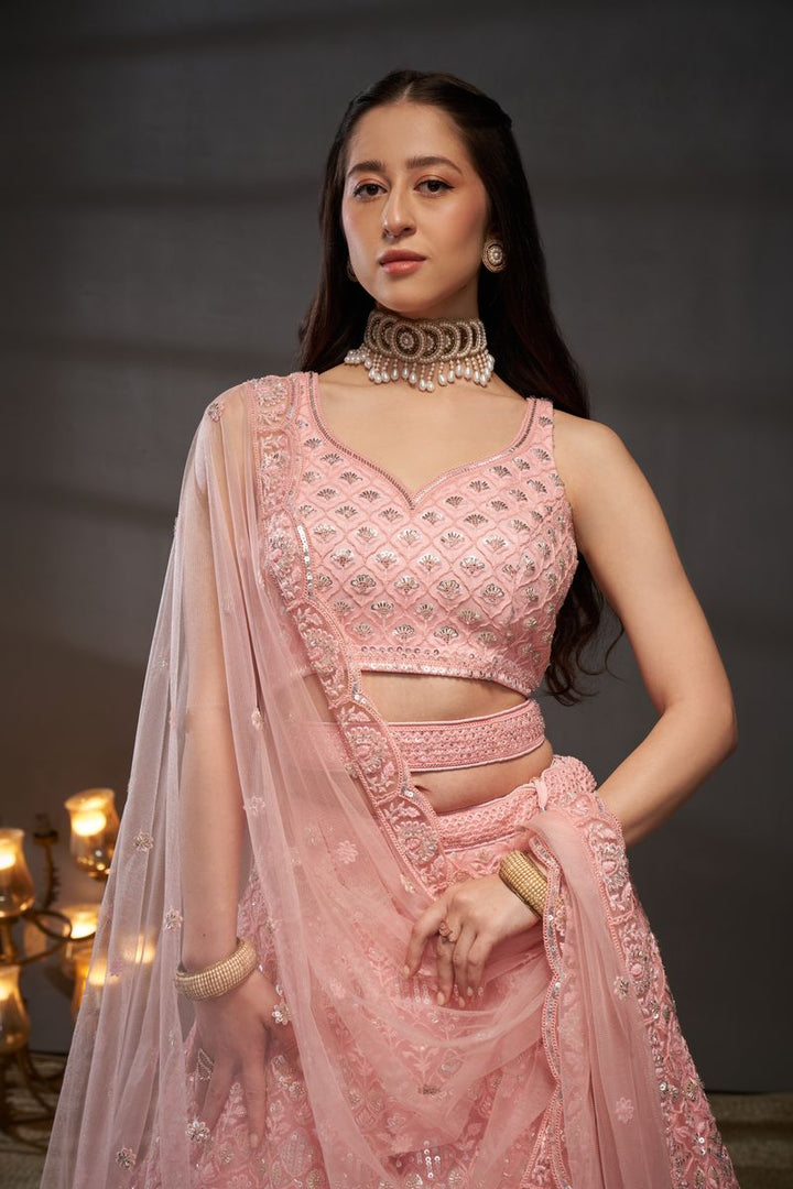 Pink Net Cutdana, Sequins and Zarkan embroidery Semi-Stitched Lehenga choli & Dupatta