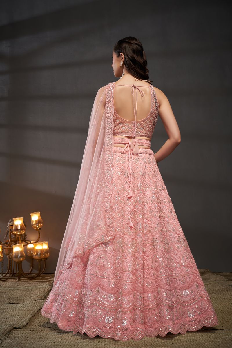 Pink Net Cutdana, Sequins and Zarkan embroidery Semi-Stitched Lehenga choli & Dupatta