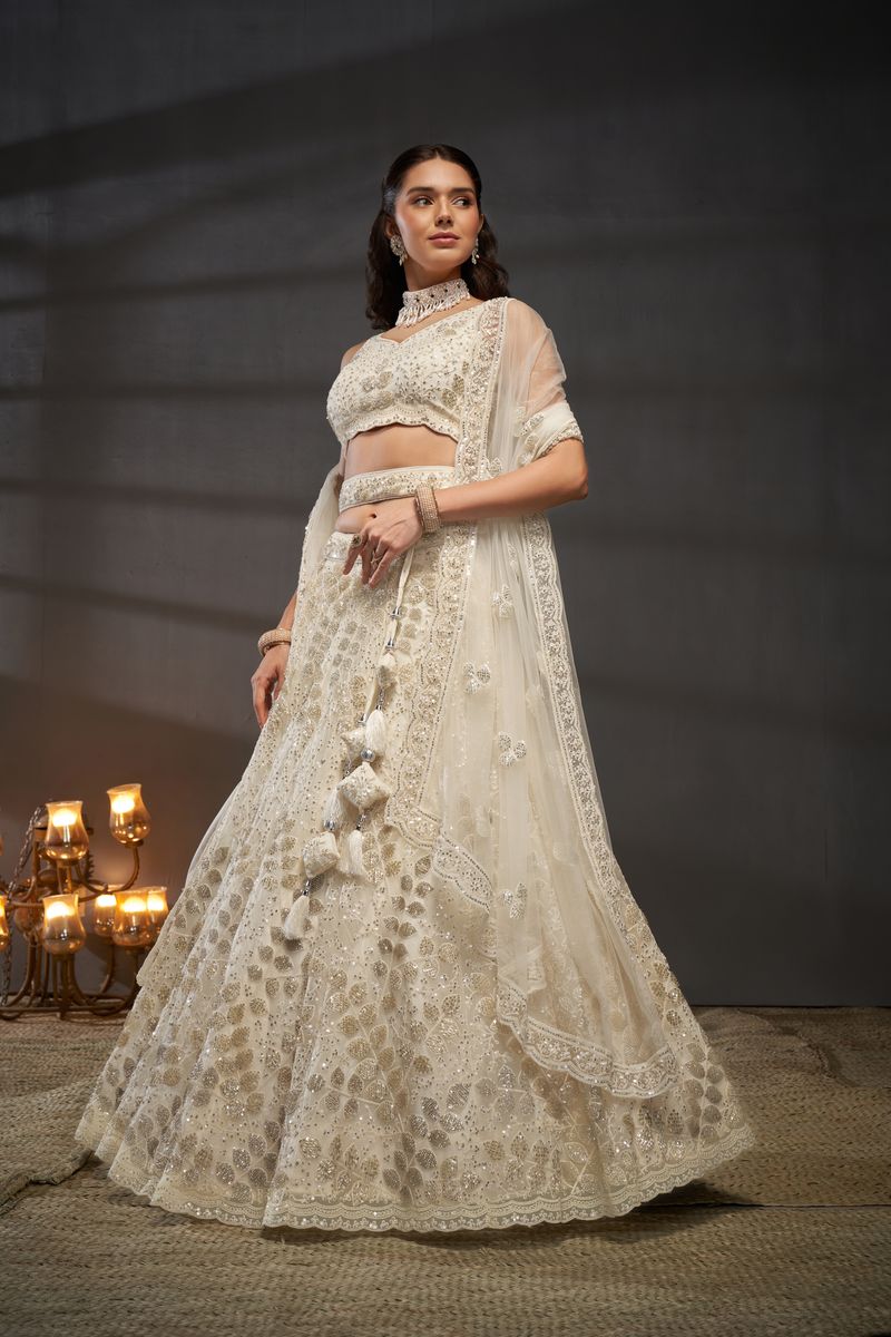 Cream Net Cutdana, Sequins and Zarkan embroidery Semi-Stitched Lehenga choli & Dupatta