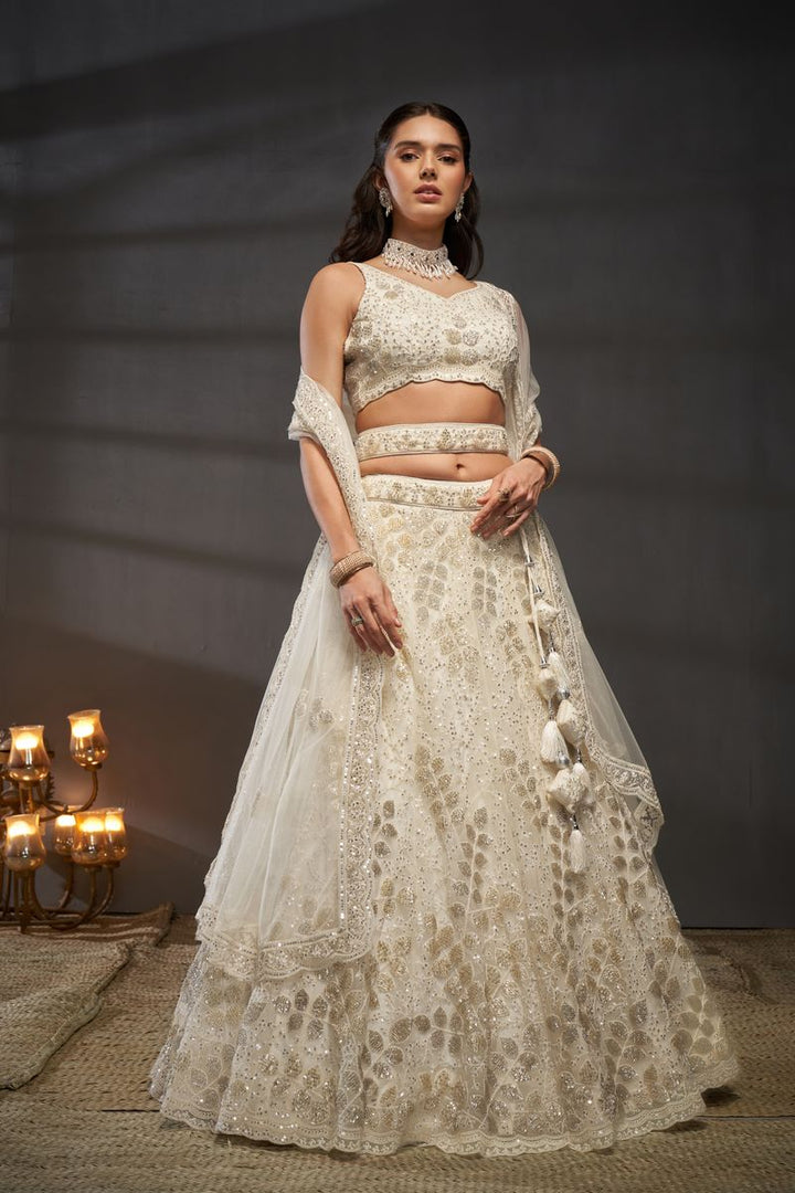 Cream Net Cutdana, Sequins and Zarkan embroidery Semi-Stitched Lehenga choli & Dupatta