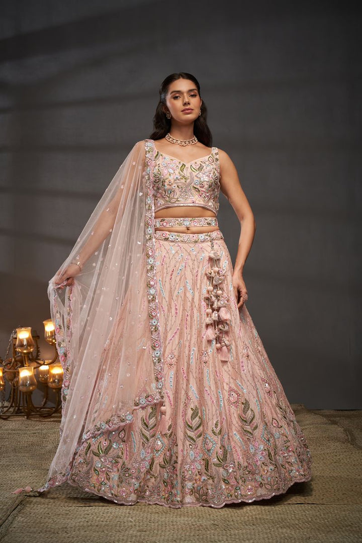 Peach Pure Chiffon Mirror Zarkan & heavy Sequin embroidery Semi-Stitched Bridel Lehenga choli & Dupatta