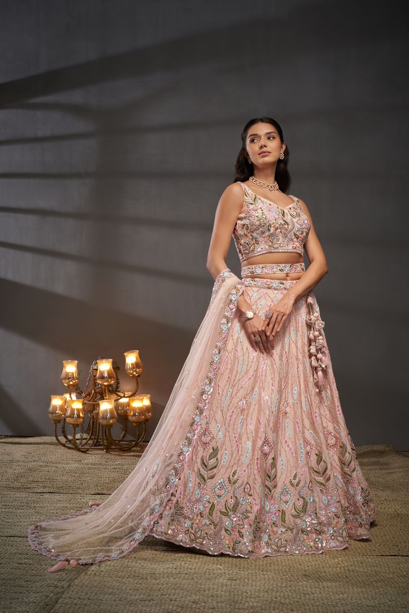 Peach Pure Chiffon Mirror Zarkan & heavy Sequin embroidery Semi-Stitched Bridel Lehenga choli & Dupatta for a traditional Indian bridal outfit