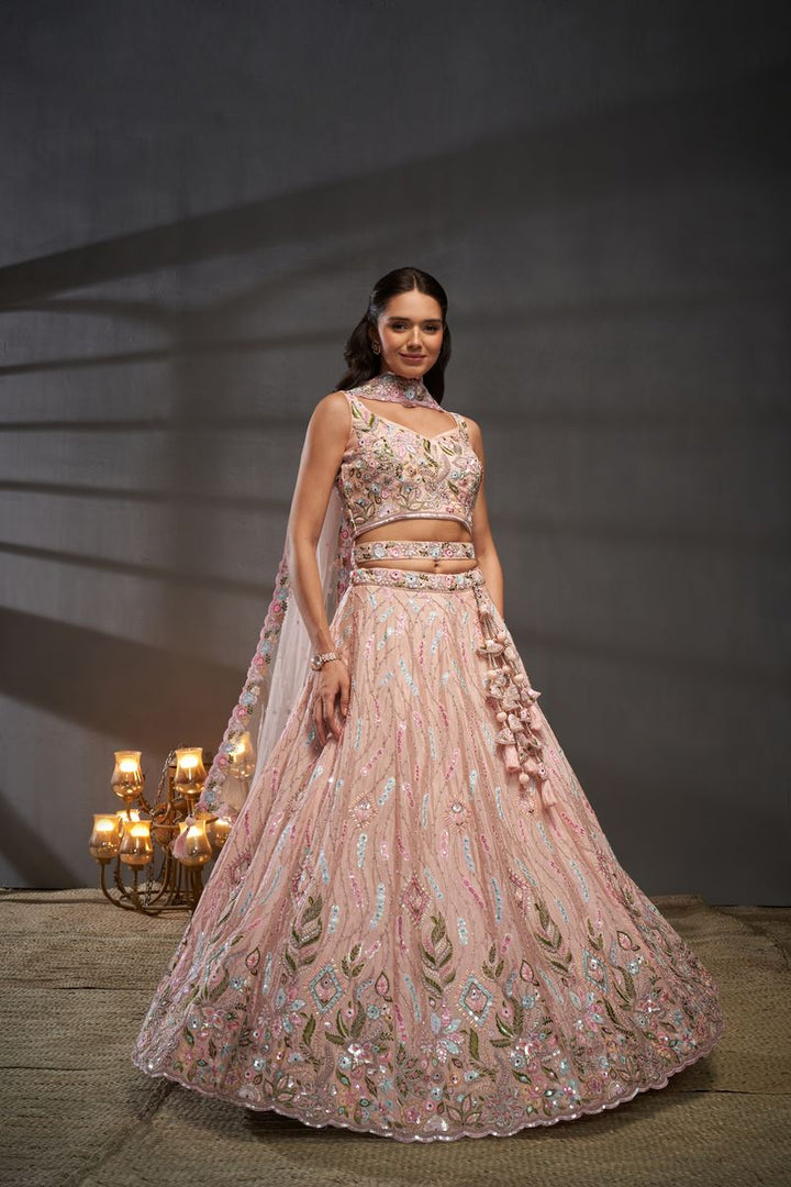 Peach Pure Chiffon Mirror Zarkan & heavy Sequin embroidery Semi-Stitched Bridel Lehenga choli & Dupatta