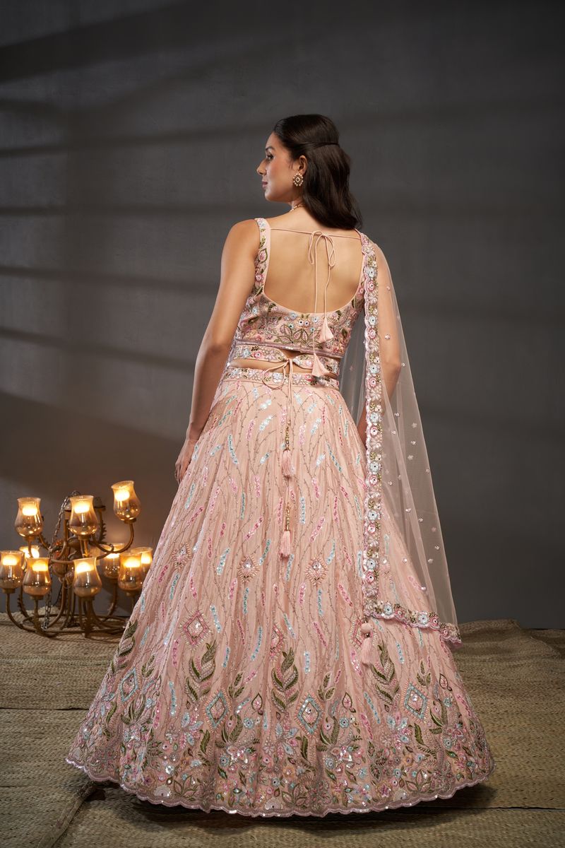 Peach Pure Chiffon Mirror Zarkan & heavy Sequin embroidery Semi-Stitched Bridel Lehenga choli & Dupatta