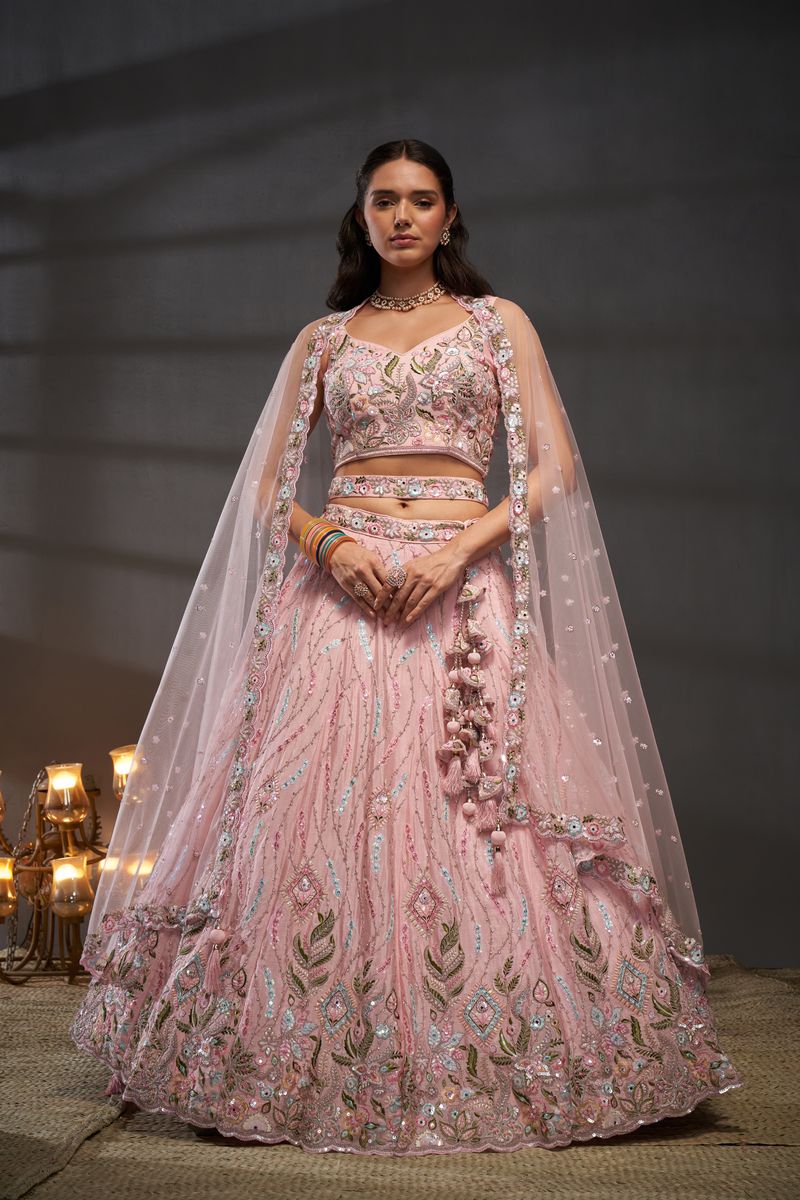 Pink Pure Chiffon Mirror Zarkan & heavy Sequin embroidery Stitched Bridel Lehenga choli & Dupatta - qivii