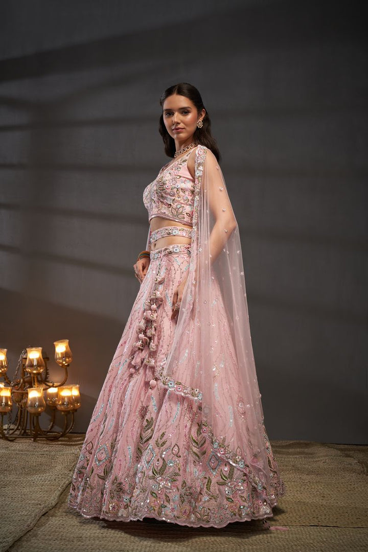 Pink Pure Chiffon Mirror Zarkan & heavy Sequin embroidery Stitched Bridel Lehenga choli & Dupatta - qivii