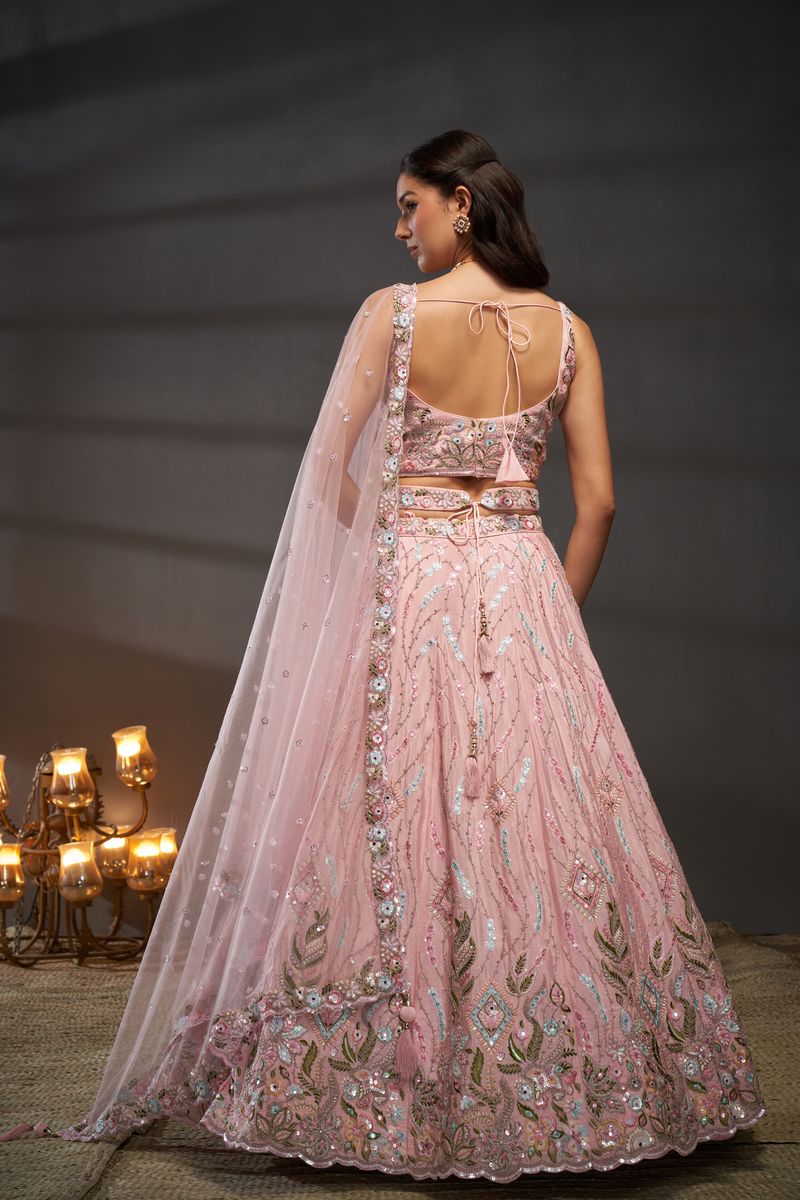 Pink Pure Chiffon Mirror Zarkan & heavy Sequin embroidery Stitched Bridel Lehenga choli & Dupatta - qivii