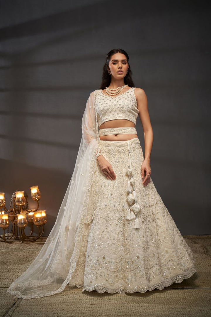 Cream Net Cutdana, Sequins and Zarkan embroidery Semi-Stitched Lehenga choli & Dupatta