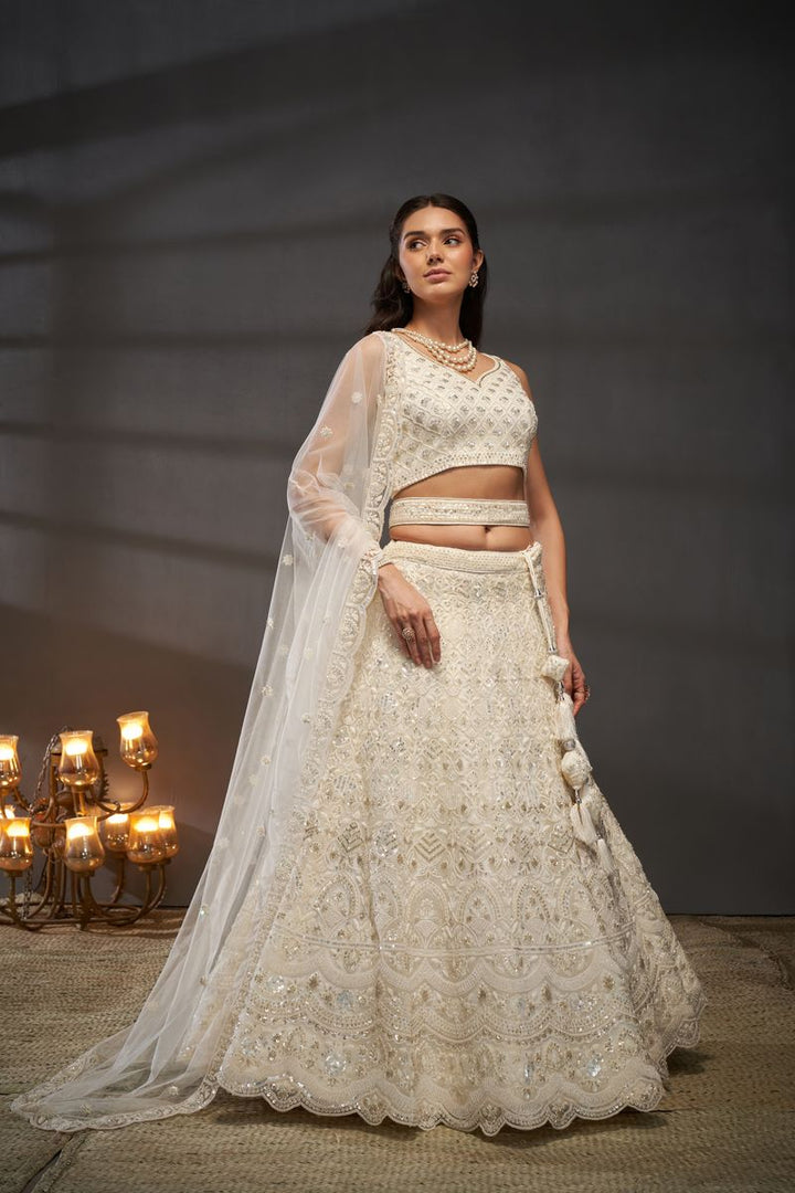 Cream Net Cutdana, Sequins and Zarkan embroidery Semi-Stitched Lehenga choli & Dupatta