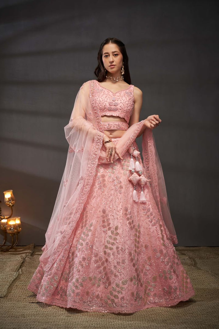 Pink Net Cutdana, Sequins and Zarkan embroidery Semi-Stitched Lehenga choli & Dupatta