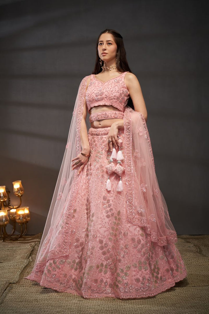 Pink Net Cutdana, Sequins and Zarkan embroidery Semi-Stitched Lehenga choli & Dupatta