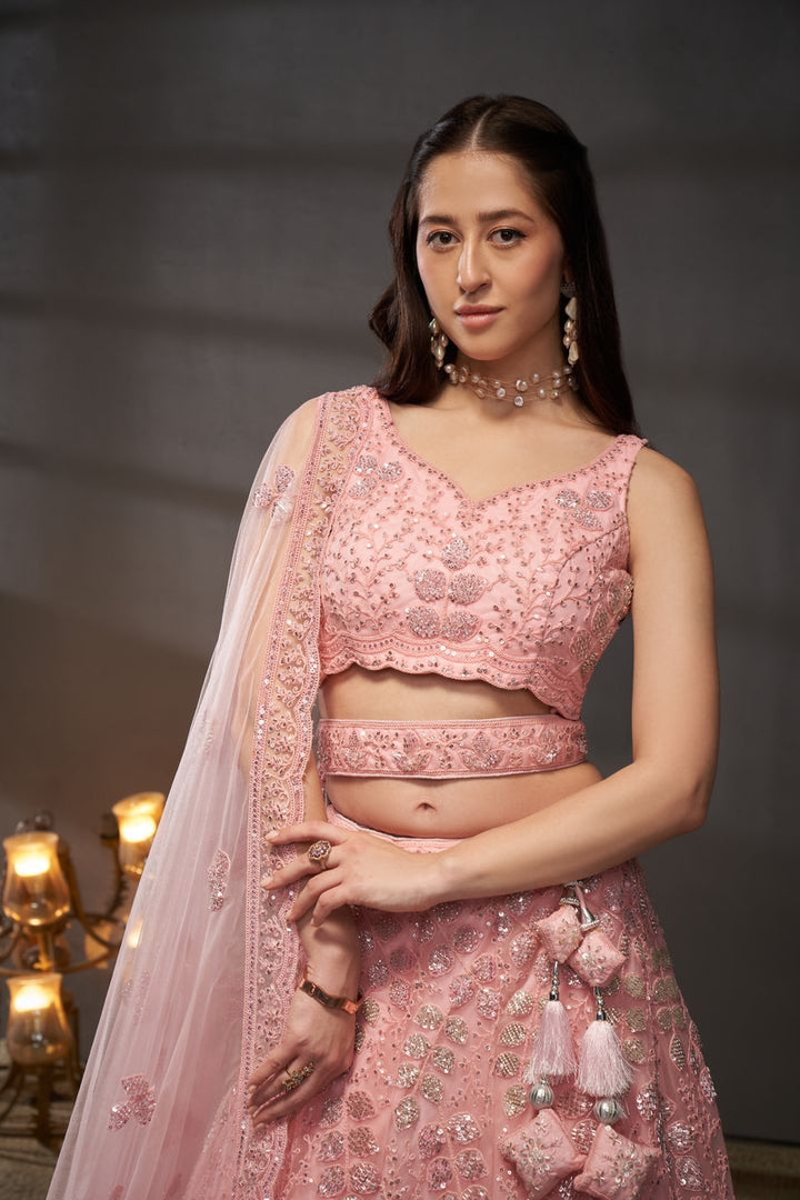 Pink Net Cutdana, Sequins and Zarkan embroidery Semi-Stitched Lehenga choli & Dupatta