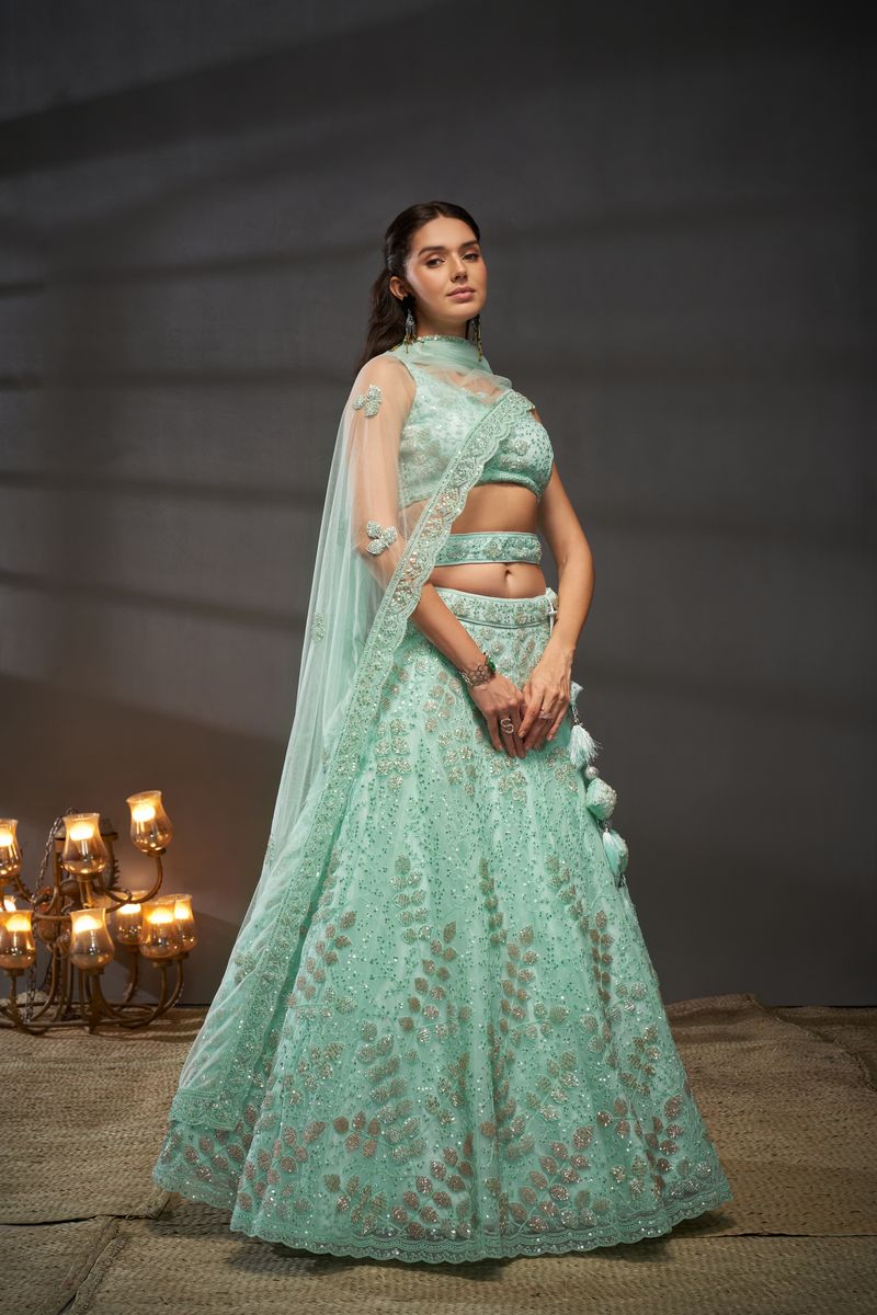 Turquoise blue Net Cutdana, Sequins and Zarkan embroidery Semi-Stitched Lehenga choli & Dupatta