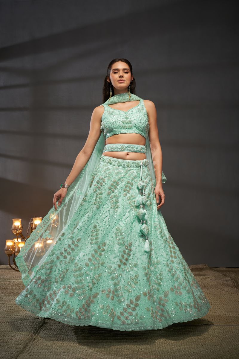 Turquoise blue Net Cutdana, Sequins and Zarkan embroidery Semi-Stitched Lehenga choli & Dupatta