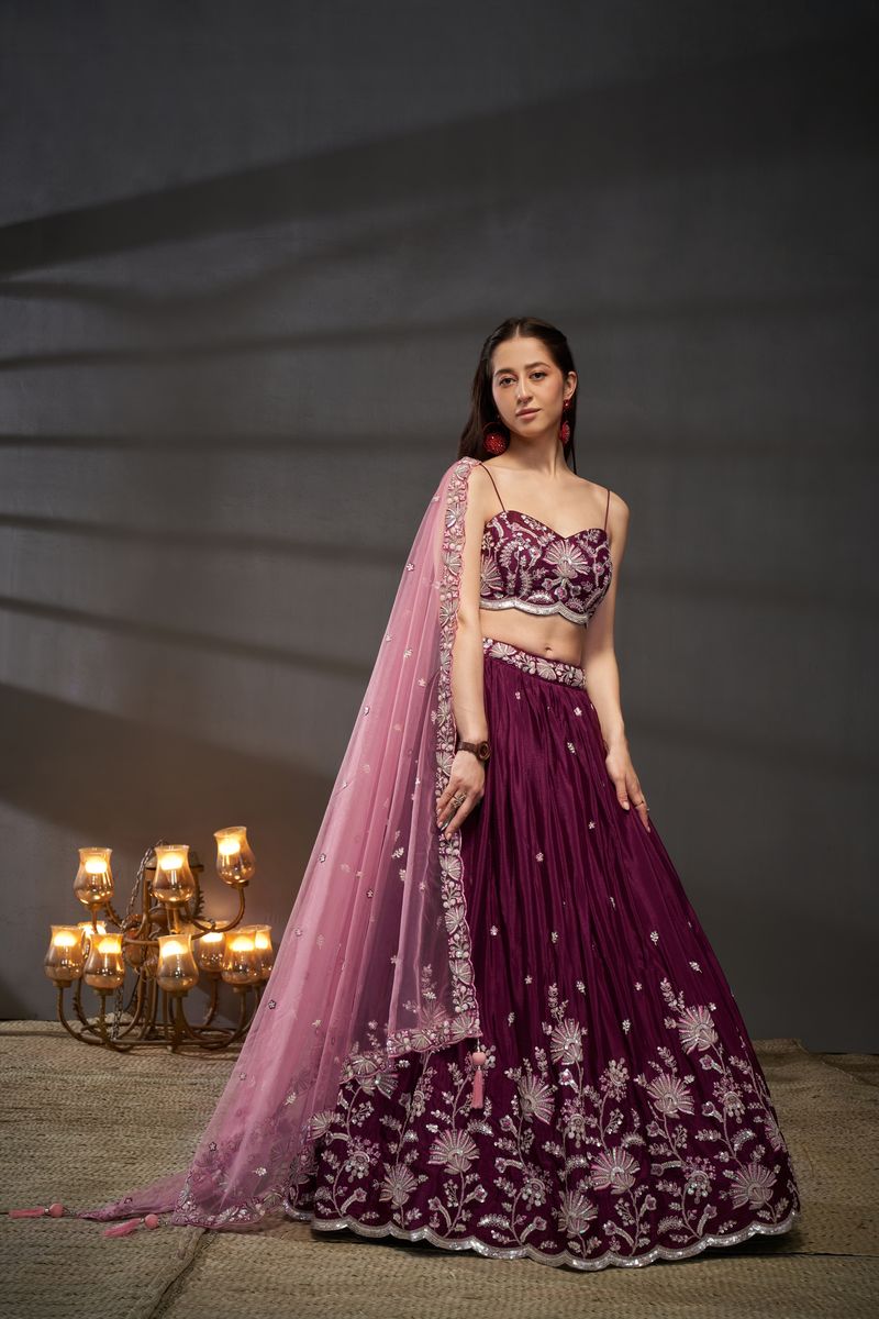 Semi-stitched lehenga choli featuring elegant burgundy, silver, and golden hues