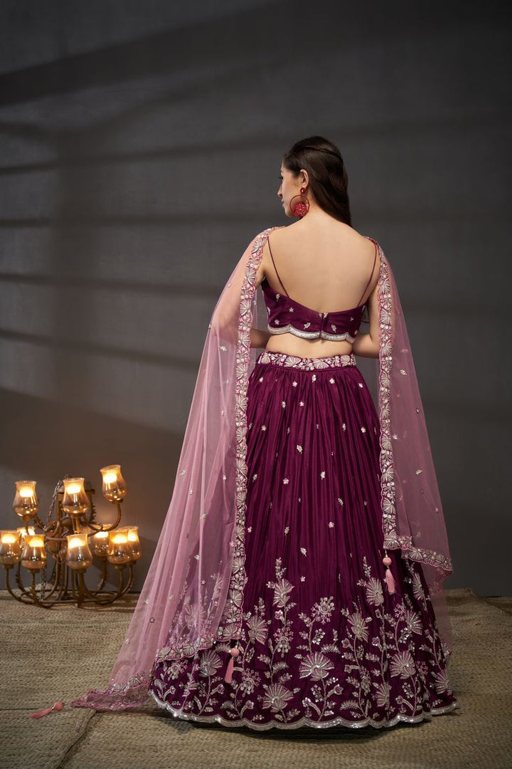 Exquisite burgundy semi-stitched lehenga choli with silver-golden sequin, thread, and coding embroidery on pure chiffon fabric