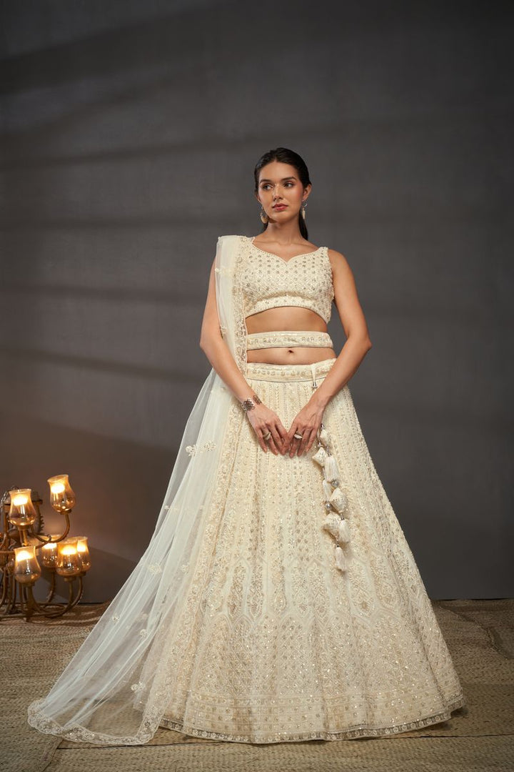 Cream Net Cutdana, Sequins and Zarkan embroidery Semi-Stitched Lehenga choli & Dupatta