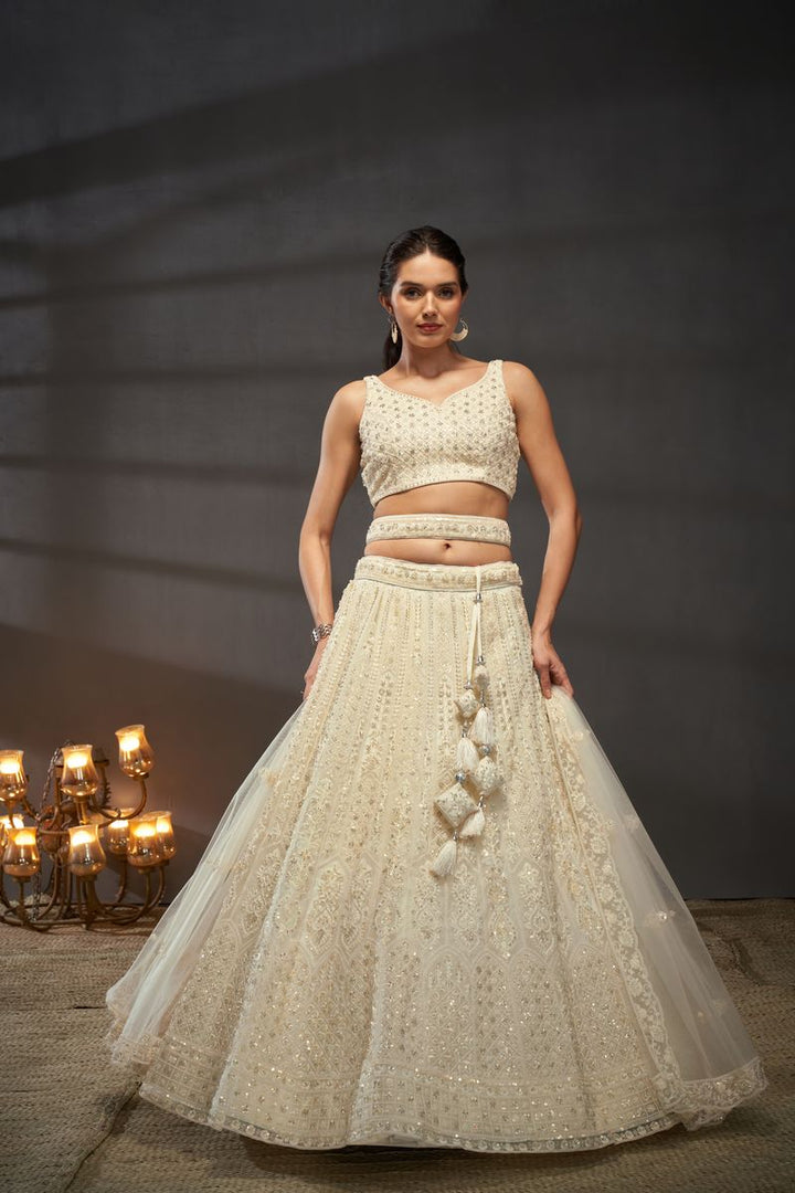 Cream Net Cutdana, Sequins and Zarkan embroidery Semi-Stitched Lehenga choli & Dupatta