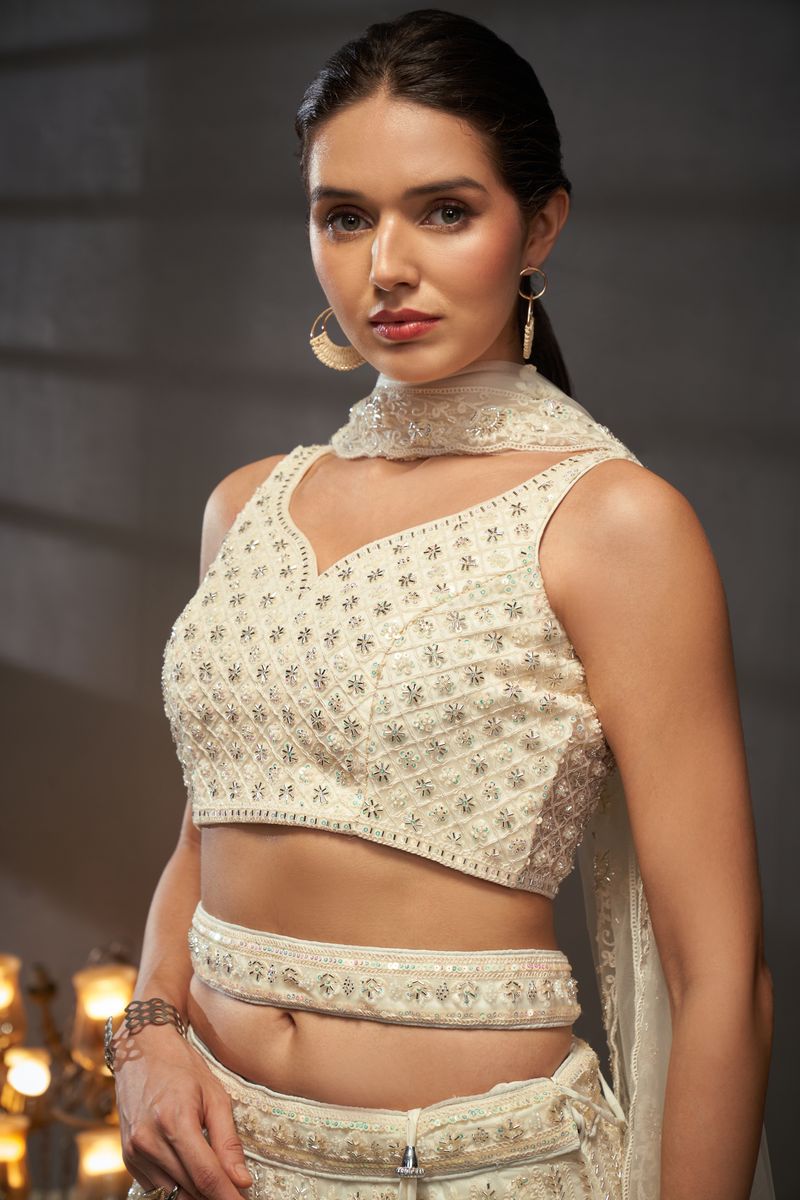 Cream Net Cutdana, Sequins and Zarkan embroidery Semi-Stitched Lehenga choli & Dupatta