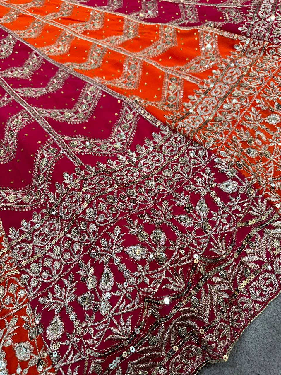  Beautifully embroidered pink georgette fabric with intricate 3mm and 5mm sequence design