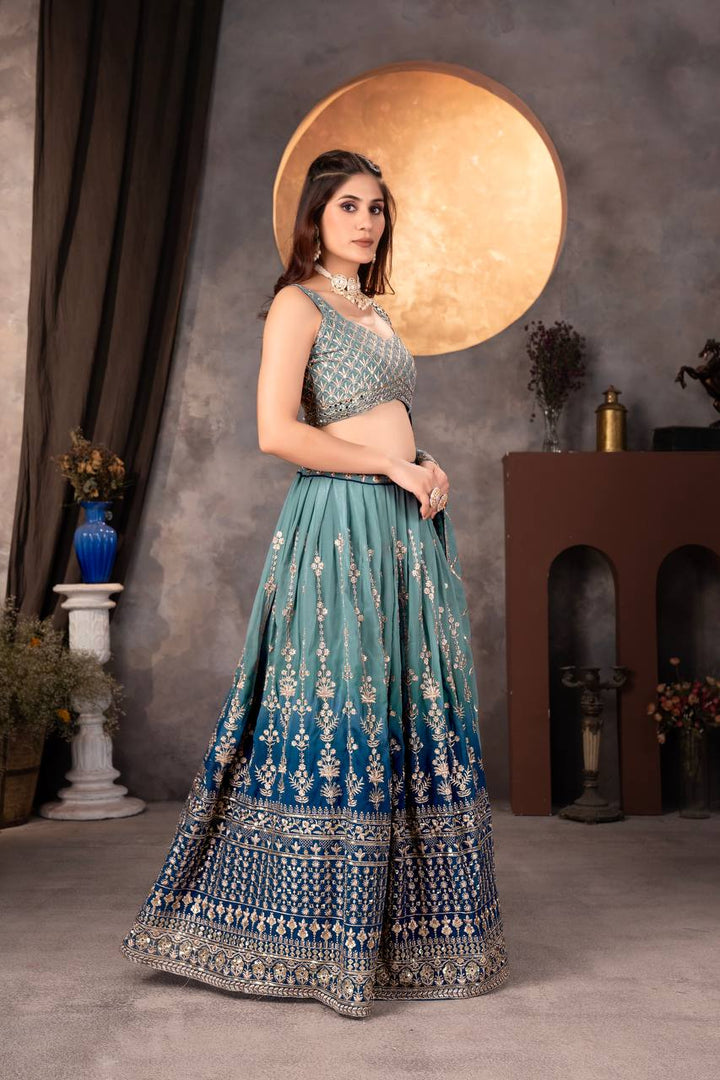 Beautiful RAMA COLOR PURE FAUX GEORGEET 2D PEDDING WITH EMBROIDERY DESIGN WORK LEHENGA - INSPIRED, perfect for special occasions and events