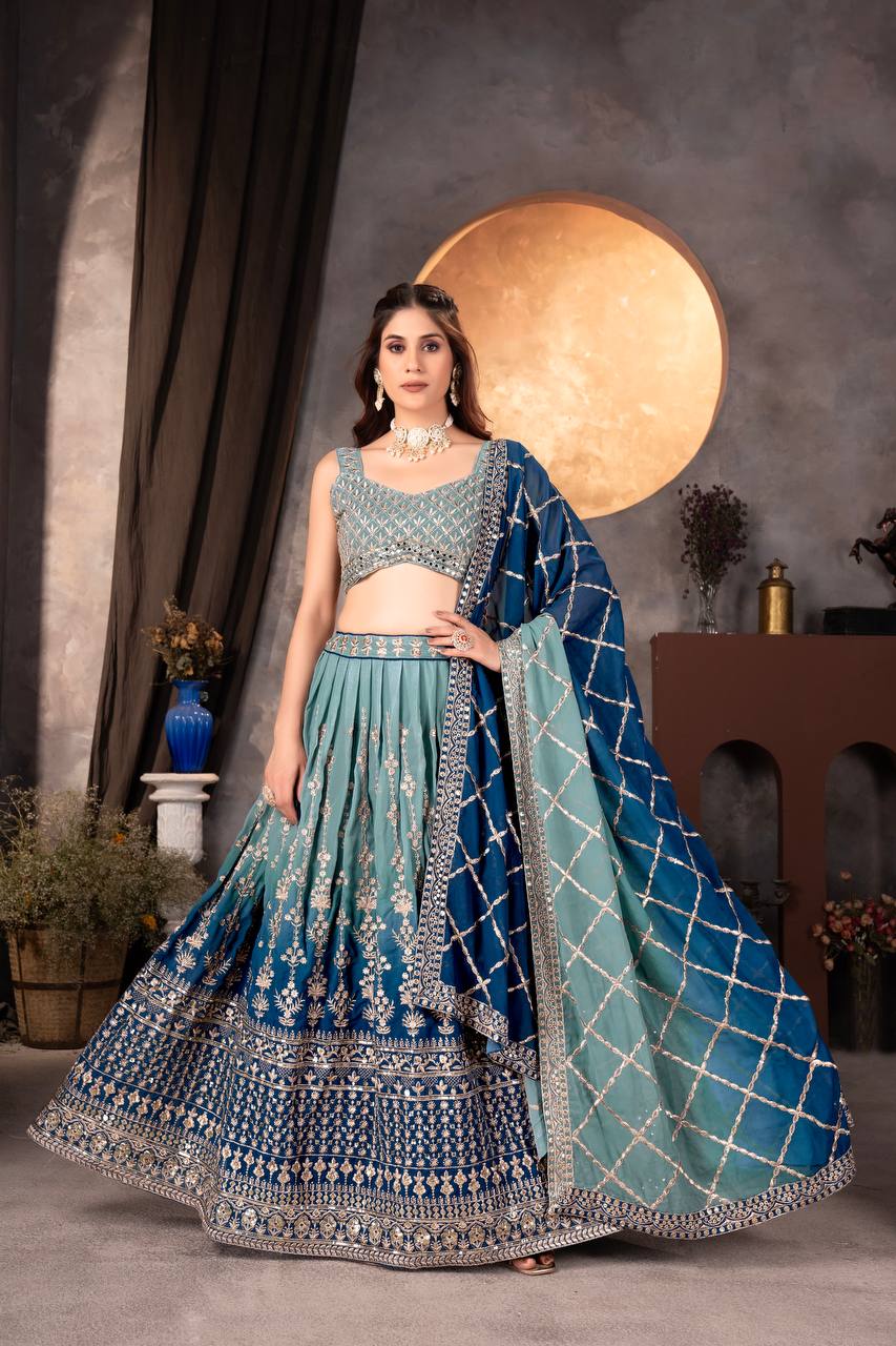 Beautiful Rama Color Pure Faux Georgette 2D Pedding with Embroidery Design Work Lehenga - Inspired by Traditional Indian Fashion