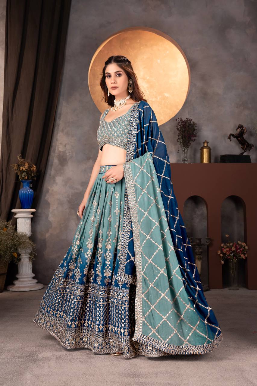 Beautiful Rama Color Pure Faux Georgette 2D Padded Lehenga with Intricate Embroidery Design Work