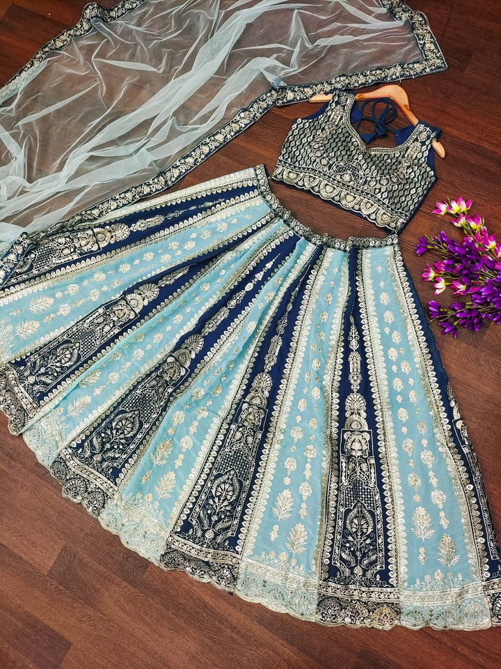 Beautiful blue color faux georgette fabric with intricate embroidery, sequence and zari design work