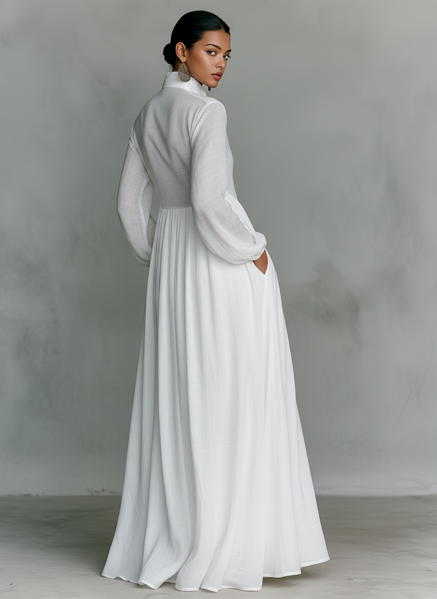 Women's Minimalist Tencel And Linen Patchwork Single-breasted Stand-up Collar Long-sleeved Maxi Dress MDA0658K6Y