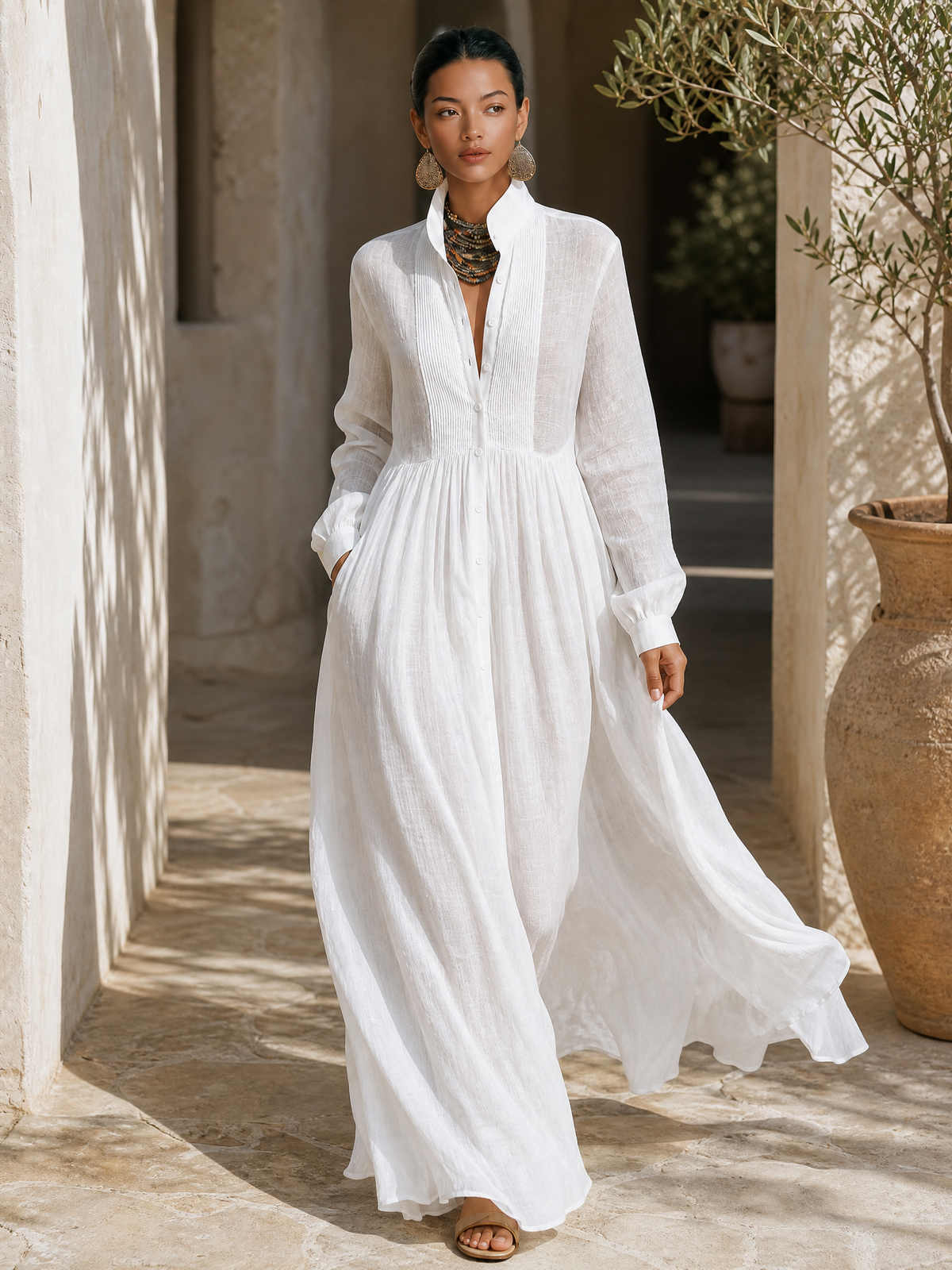 Women's Minimalist Tencel And Linen Patchwork Single-breasted Stand-up Collar Long-sleeved Maxi Dress MDA0658K6Y