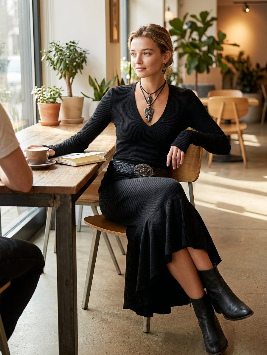 Women's Knitted V-neck Slim Long Sleeves Maxi Dress (Without Belt)MDA0717H5Y