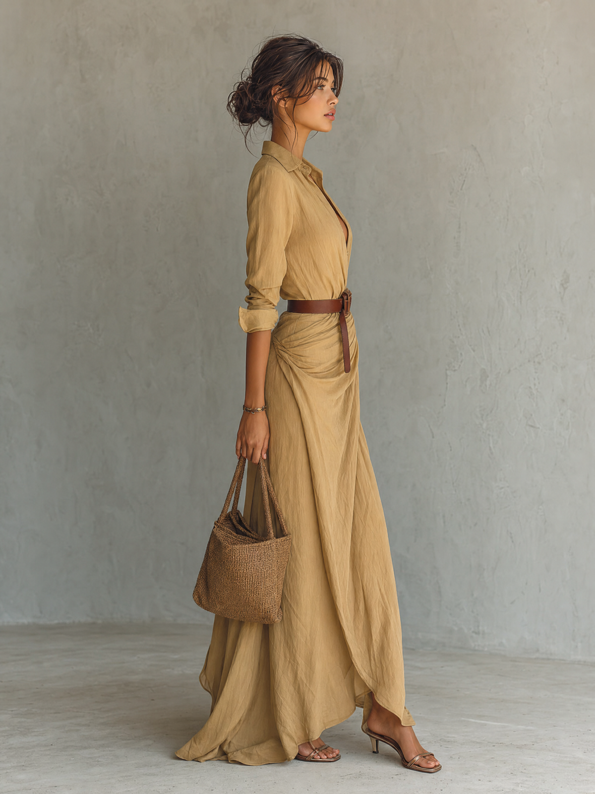 Ladies Lapel Single Breasted Long Sleeve Belted Maxi Dress MDA1500G4Y