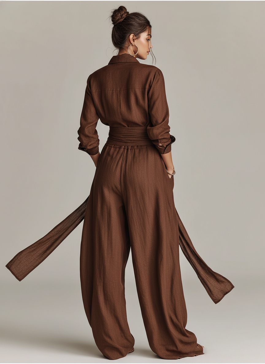 Women's Elegant Brown Woven Cotton-linen Long-sleeved Shirt Collar Jumpsuit With Belt MDA1965L9AN