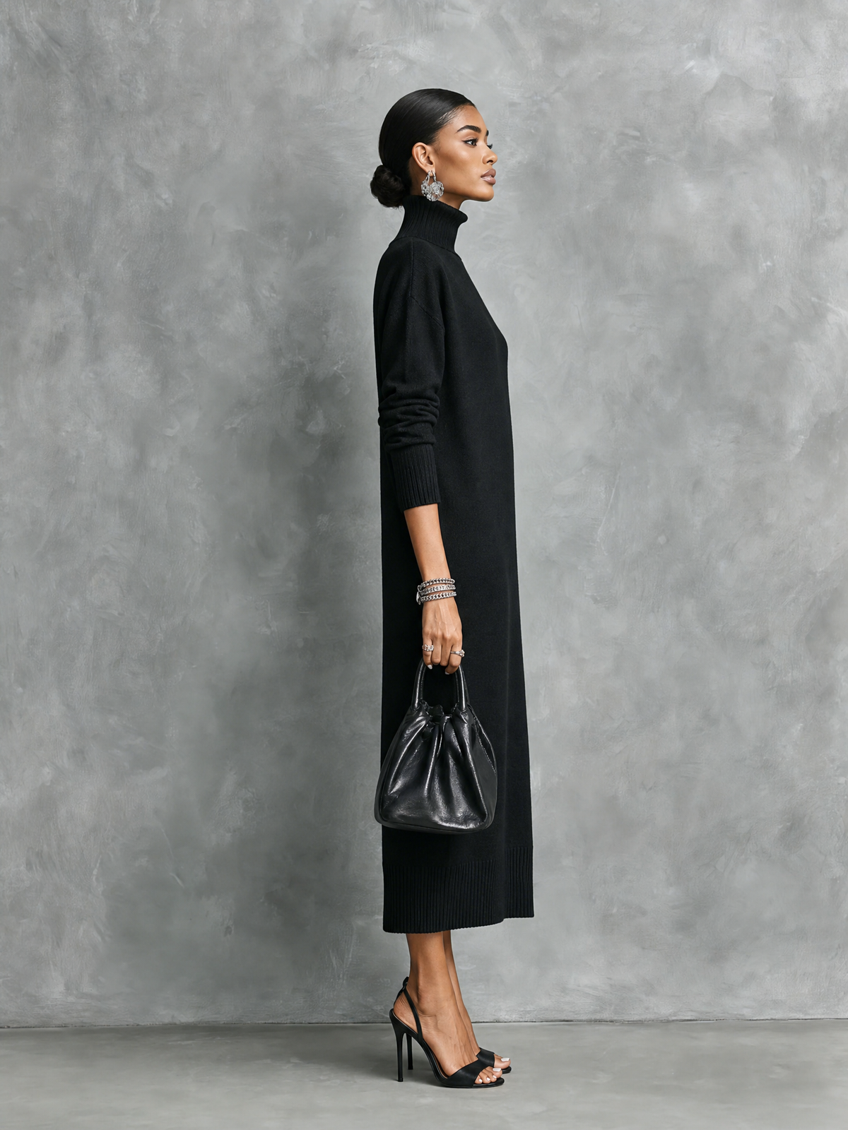 Women's Elegant Black Knitted Turtleneck Long-sleeved Loose-fitting Midi Dress With No Pockets MDA1974L7AN